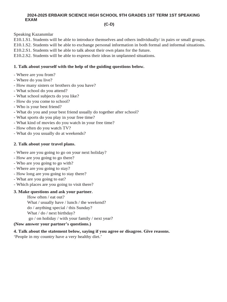 Speaking Exam9.B-C | PDF | Language Arts & Discipline | Foreign ...
