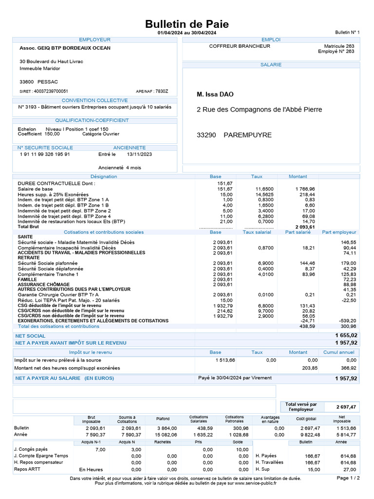 Bulletin de Paie M. Issa DAO - Avril 2024 | PDF | Impôt sur le revenu ...