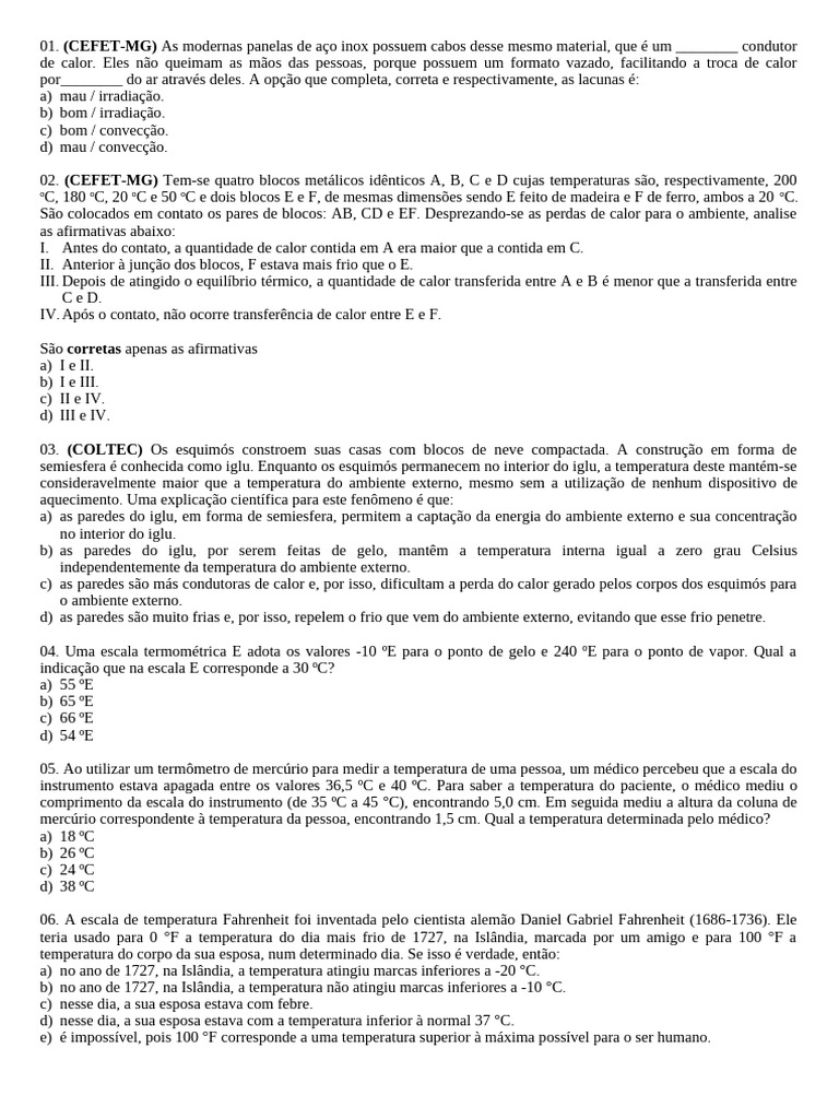 Questões sobre Transferência de Calor e Termodinâmica | PDF | Calor ...