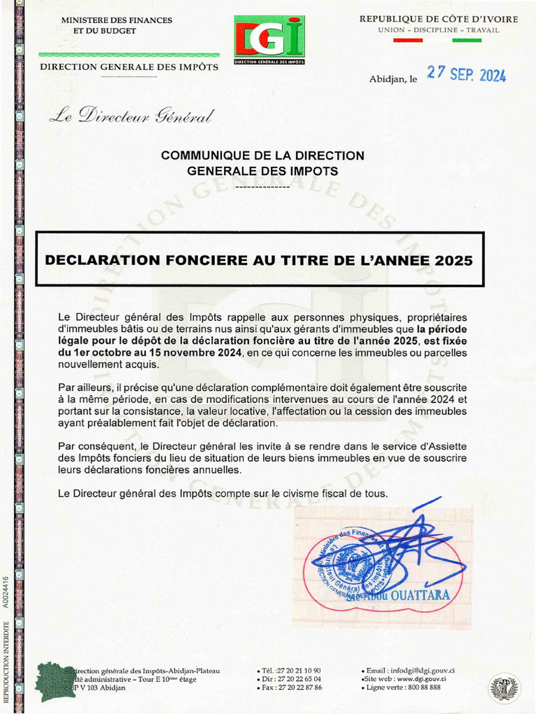 Communiqué DGI Déclaration Foncière 2025 Personnes Physiques PDF