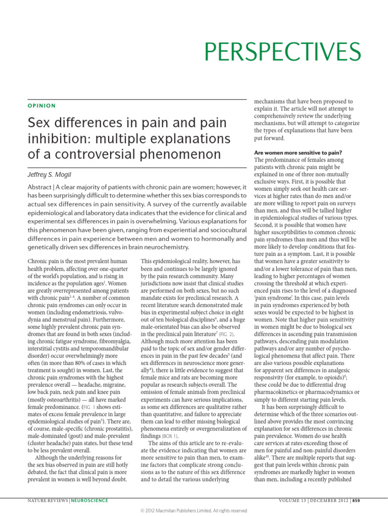 Sex Differences in Pain and Pain Inhibition Multiple Explanations of A ...