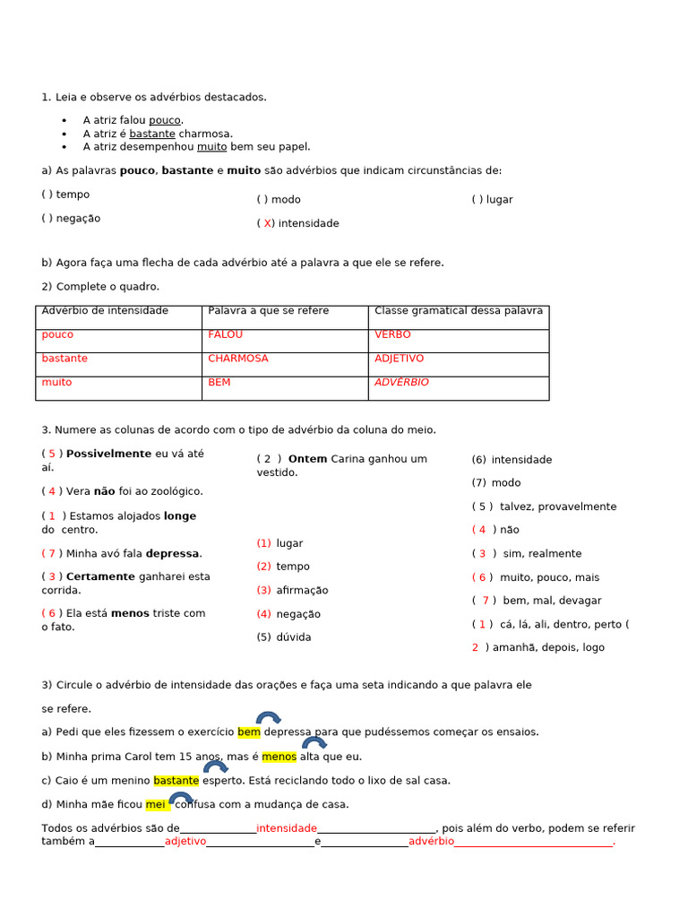 Advérbios e Locuções Adverbiais em Atividades | PDF | Advérbio ...