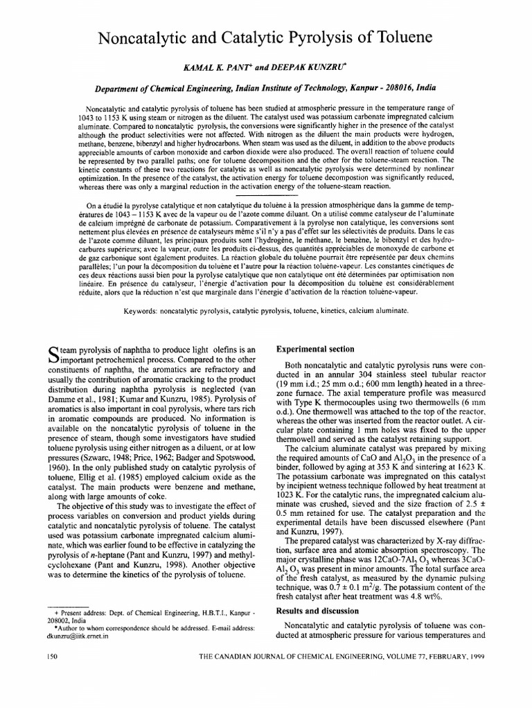Noncatalytic and Catalytic Pyrolysis of Toluene | PDF | Catalysis ...