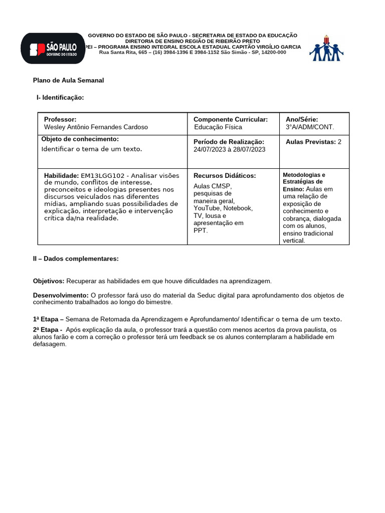 Plano de Aula: Educação Física 3°A SP | PDF | Carreira e Crescimento ...