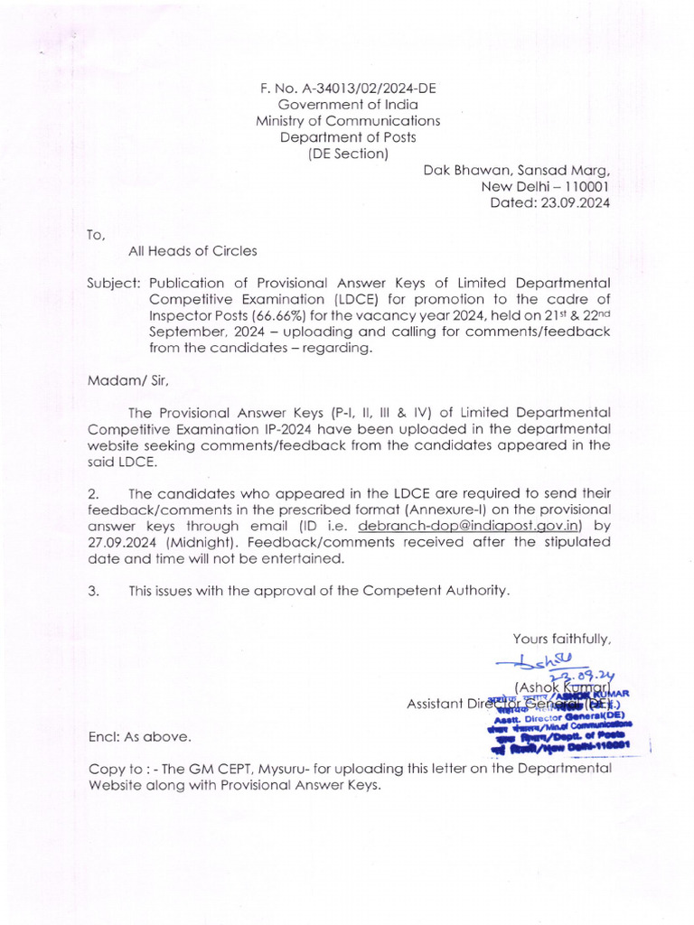 LDCE Inspector Posts 2024 Answer Keys | PDF