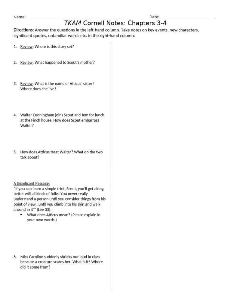 TKAM Chapters 3-4 Cornell Notes Guide | PDF | Young Adult