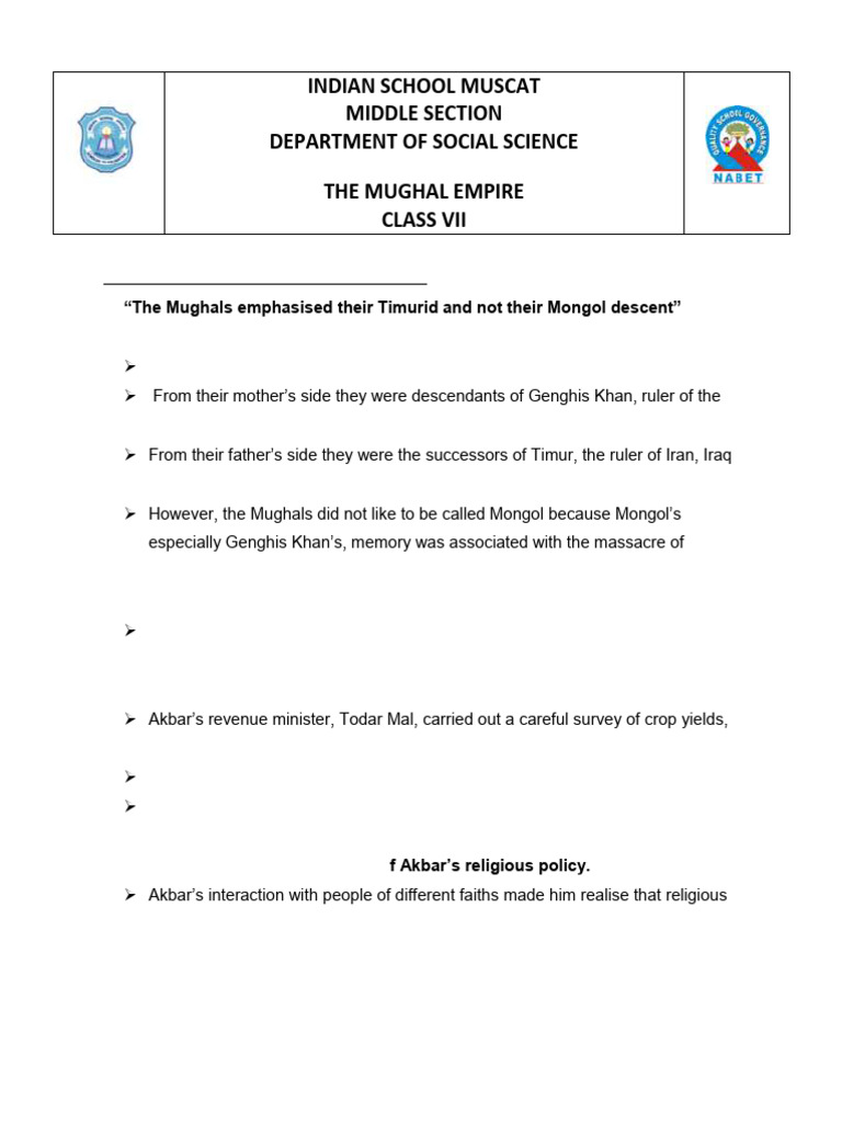 CL 7 Hist Notes CH 4 The Mughal Empire | PDF | History | Religion ...