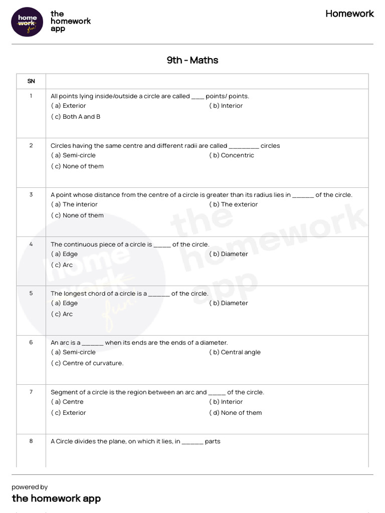 Circle Geometry Homework for Class 1 | PDF | Circle | Angle