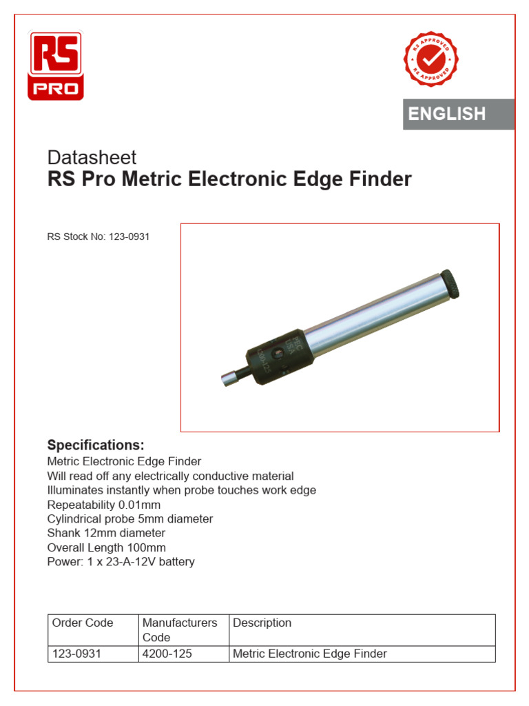 RS Pro Metric Electronic Edge Finder: Datasheet | PDF