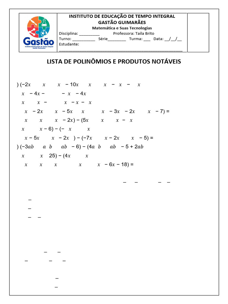 Lista de Exercícios: Polinômios e Produtos Notáveis | PDF | Matemática