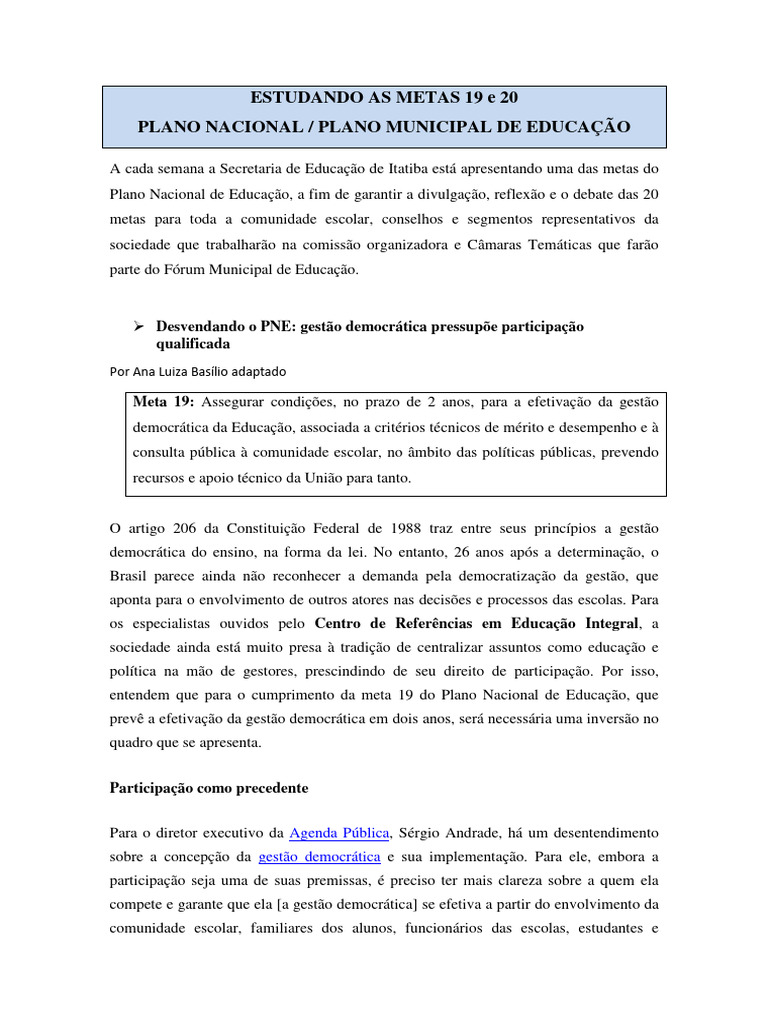 Metas 19 e 20 do PNE: Gestão e Investimento | PDF | Pedagogia | Escolas