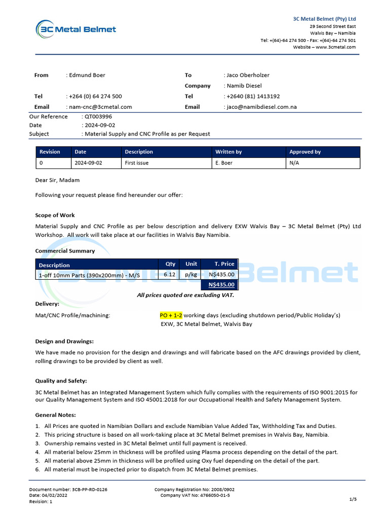 Namib Diesel Quotation for CNC Supply | PDF | Business | Private Law