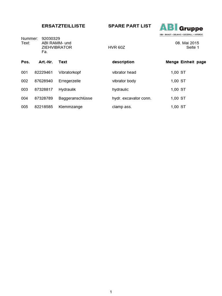 HVR 60 Spare Part List | PDF