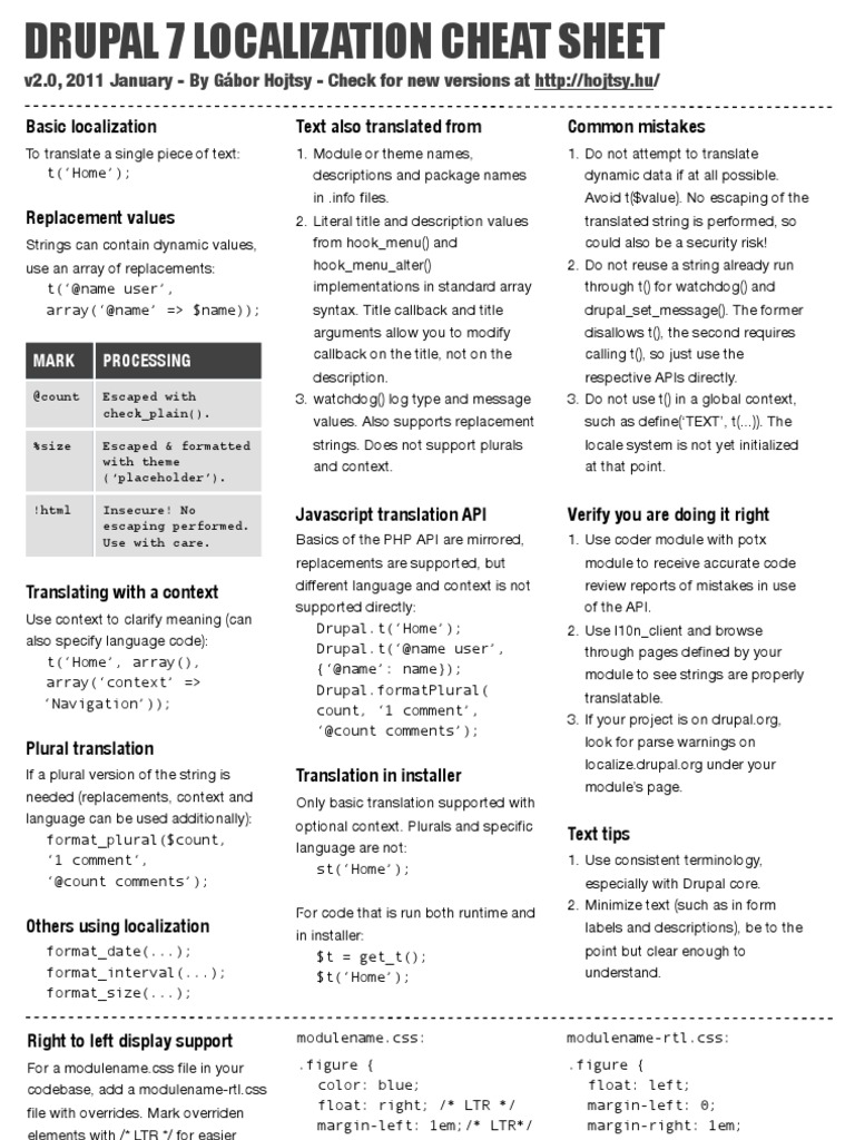 Drupal 7 Translation Cheat Sheet - Http://hojtsy - Hu | PDF