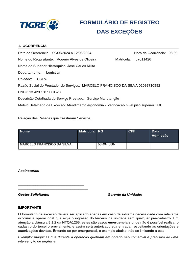 Formulário de Registro de Exceções | PDF