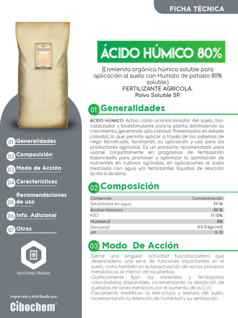 Ficha Técnica de Ácido Húmico 80% | PDF | Suelo | Fertilizante