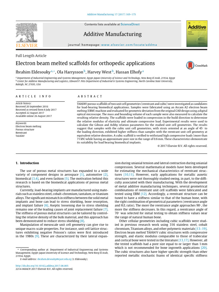 Electron Beam Melted Scaffolds For Orthopedic Applications (1956) | PDF ...