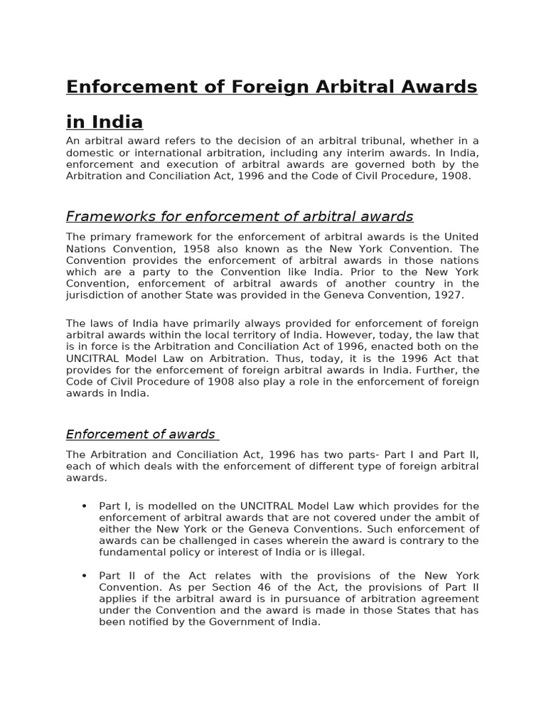 Enforcement of Foreign Arbitral Awards in India | PDF | Arbitration ...
