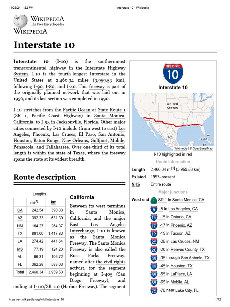 Interstate 10: Route Overview and History | PDF | Road | Transport
