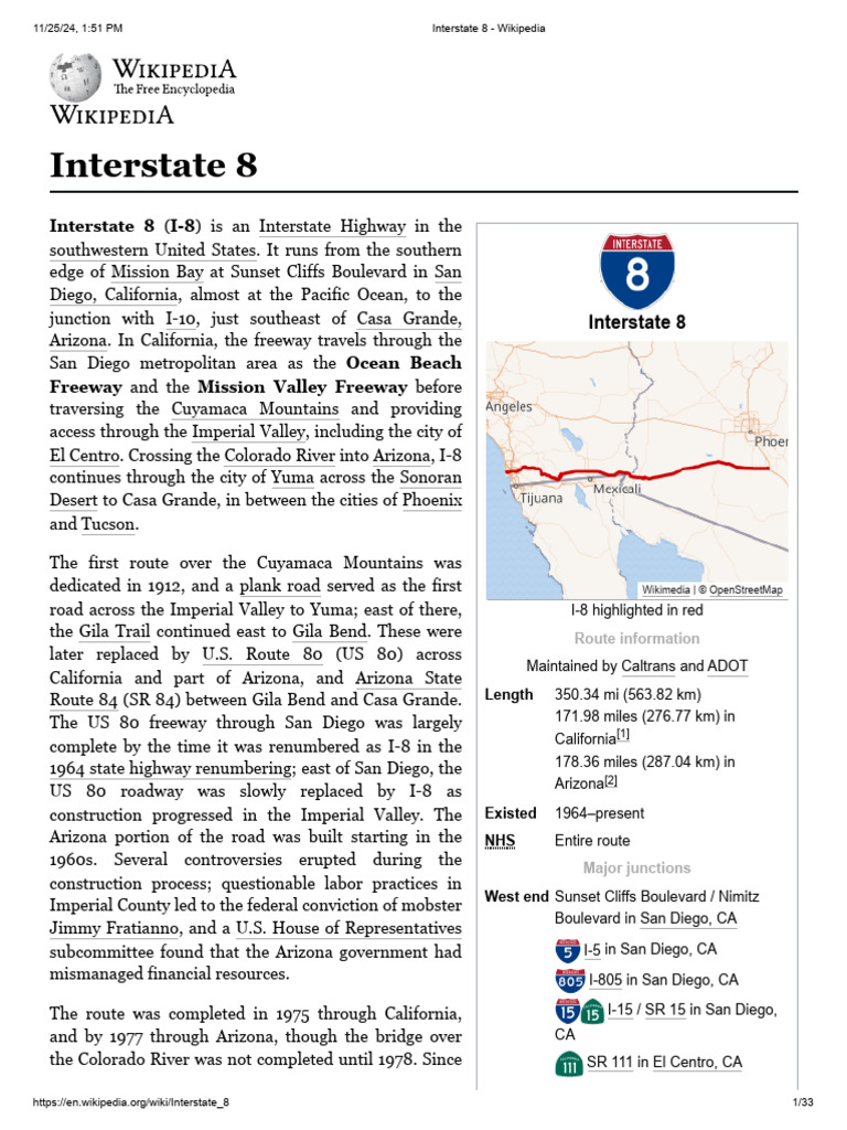 Interstate 8 - Wikipedia | PDF | Road Infrastructure | Road Transport