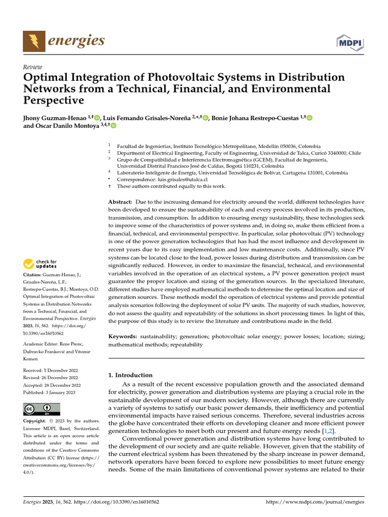 Optimal Integration of Photovoltaic Systems in Distribution Networks ...
