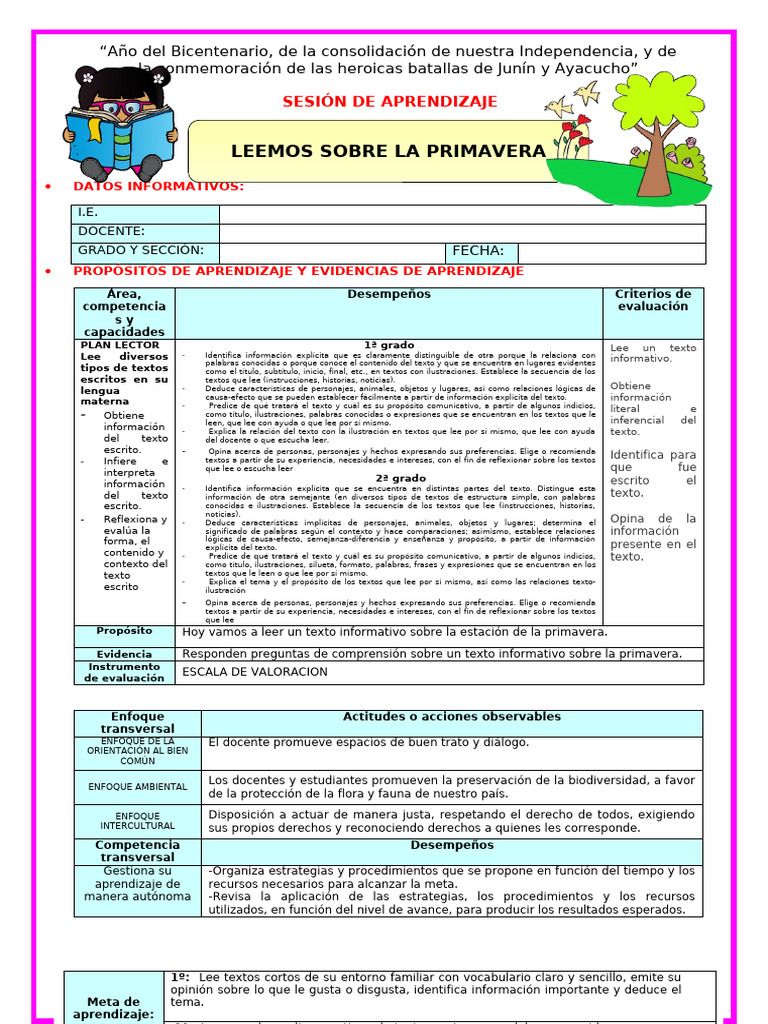 U6 S2 Sesion D4 Plan Lector Leemos Sobre La Primavera 998591174 | PDF ...