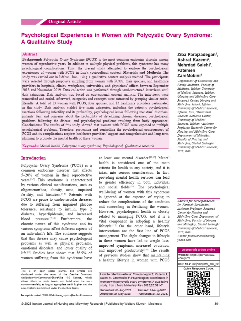 Psychological Experiences in Women With Polycystic | PDF | Polycystic ...