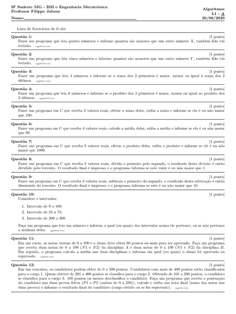 ListaExercicios If Else | PDF