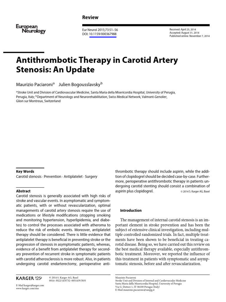 Antithrombotic Therapy for Carotid Stenosis | PDF | Stroke ...