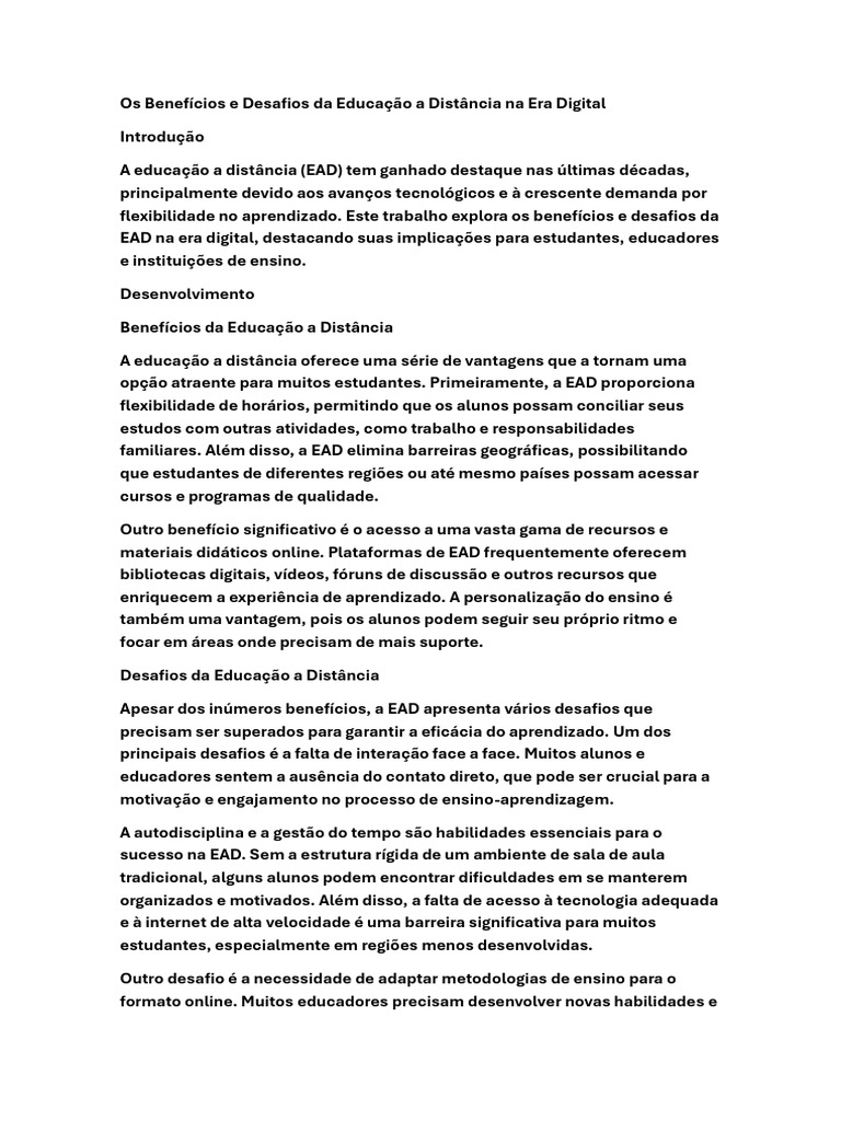 Os Benefícios e Desafios Da Educação A Distância Na Era Digital | PDF ...