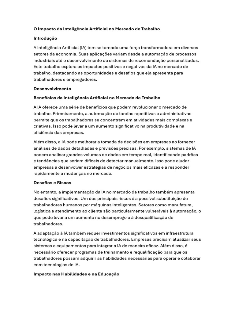 Impactos da IA no Mercado de Trabalho | PDF | Inteligência artificial ...