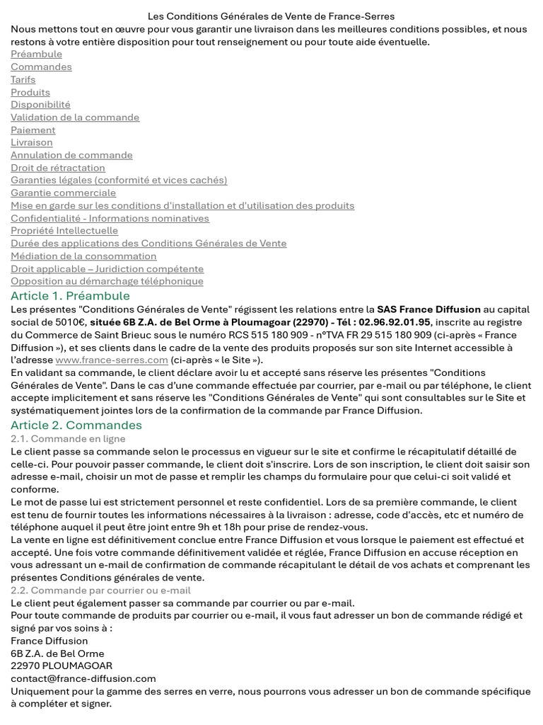 Conditions Générales de Vente France-Serres | PDF | Facture | Taxe sur ...