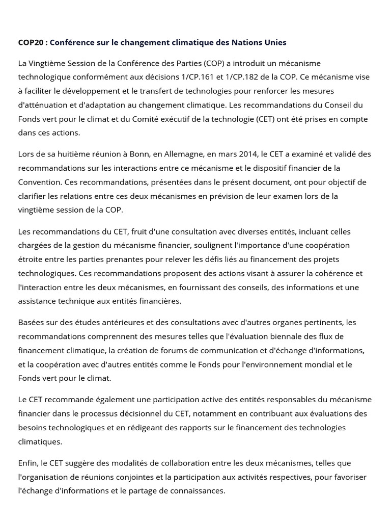 COP20 : Mécanismes pour l'action climatique | PDF | Convention-cadre ...