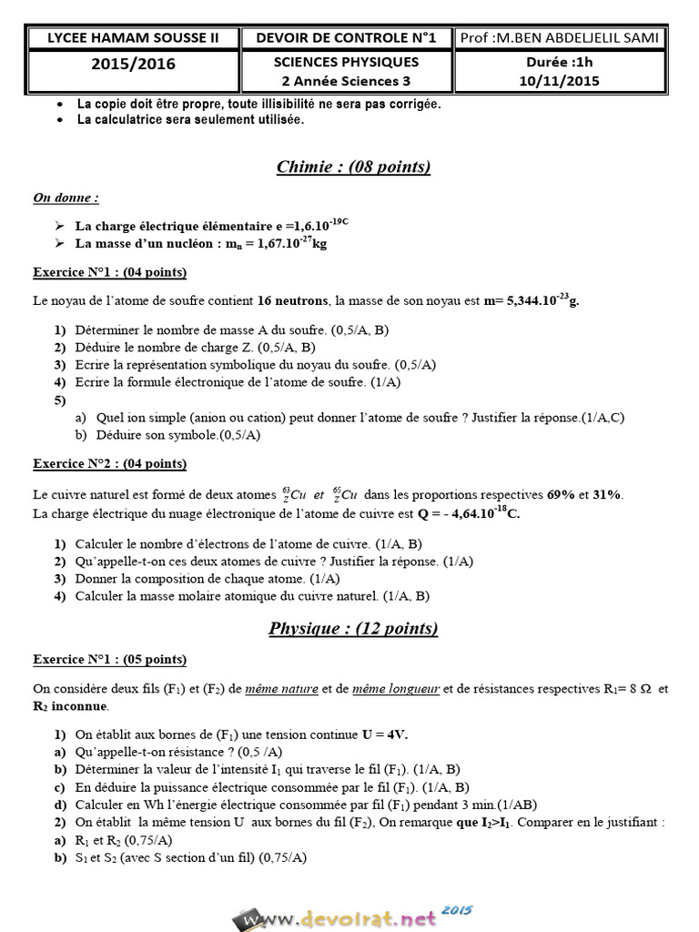 Exercice de contrôle en sciences physiques | PDF | Atomes | Résistance ...