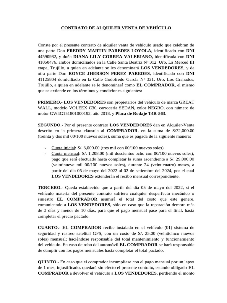 Contrato de Alquiler Venta de Vehículo | PDF | Negocios | Finanzas y dinero