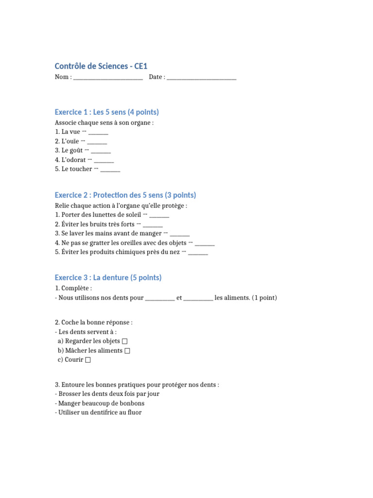 Contrôle de Sciences CE1 : Les 5 sens | PDF