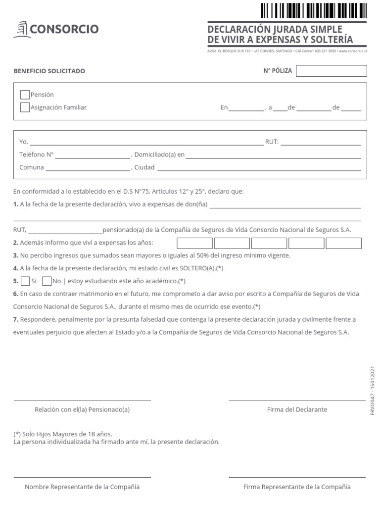 Frvo047 Declaracion Jurada Simple de Vivir A Expensas y Solteri¿a CNS | PDF