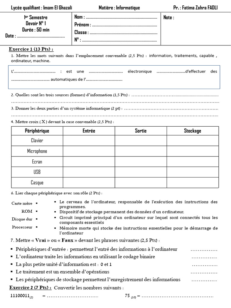 Devoir d'Informatique : Lycée Imam El Ghazali | PDF | Démarrage d'un ...
