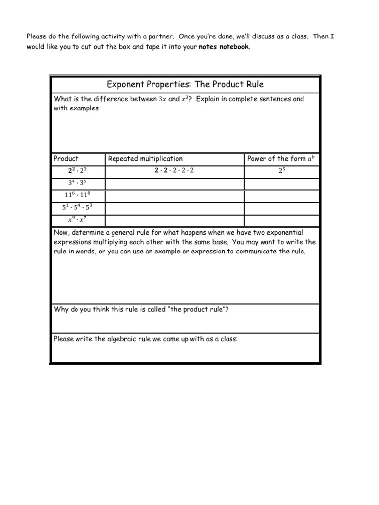 Exponent Rules Proof Worksheets