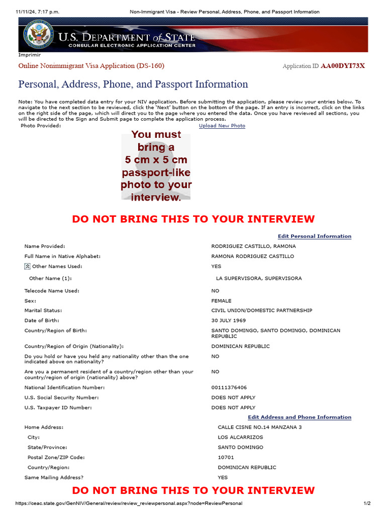 Non-Immigrant Visa - Review Personal, Address, Phone, and Passport ...
