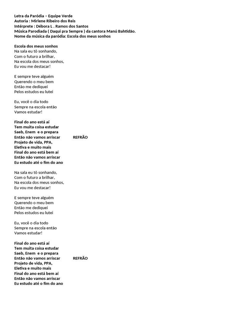 Letra da Paródia 