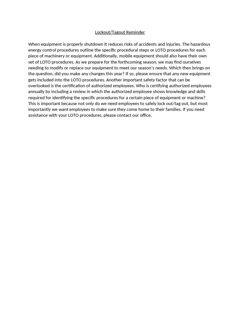 Lockout:Tagout Reminder | PDF