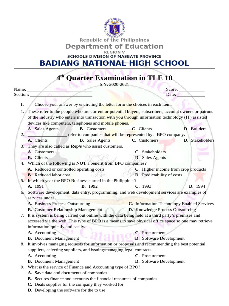 Test Paper 4th Quarter TLE MELC Version | PDF | Outsourcing | Business ...