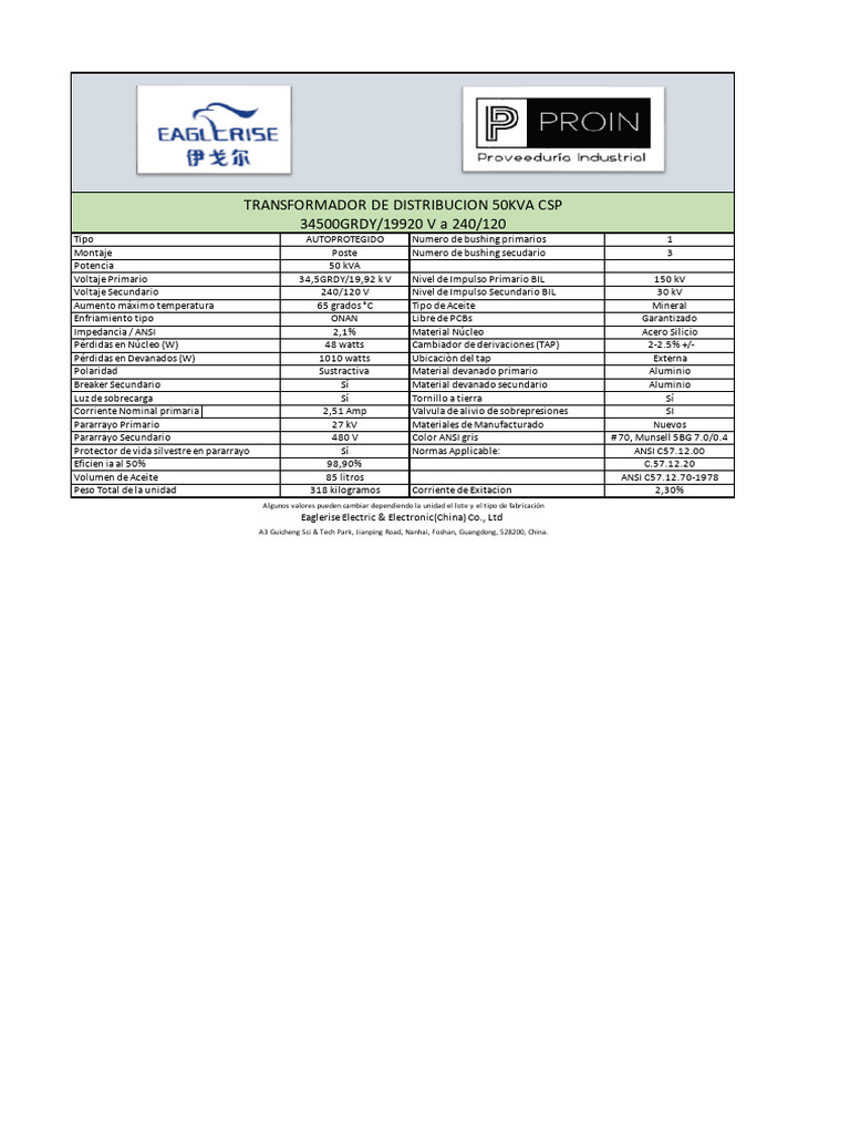 50 kVA CSP 34,5 240-120 EGR Proin | PDF | Transformador | Componentes