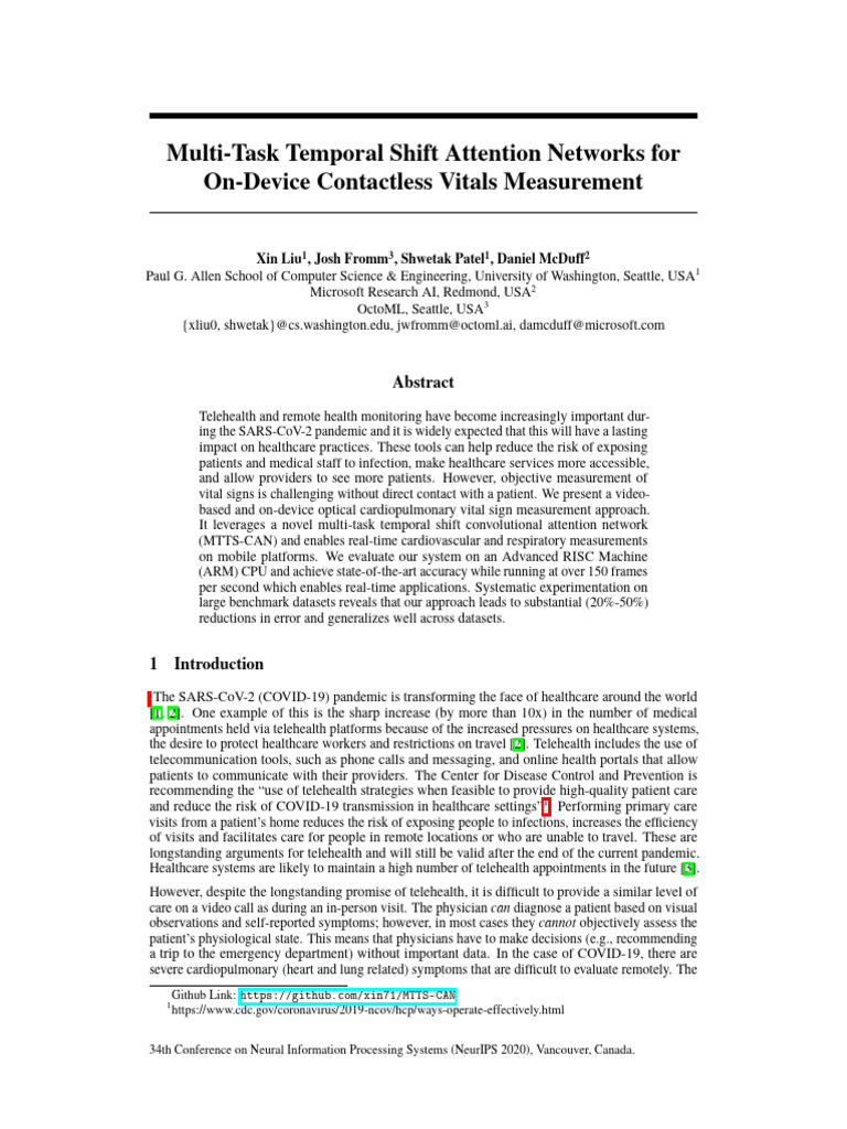 MTTS-CAN for Contactless Vital Measurement | PDF