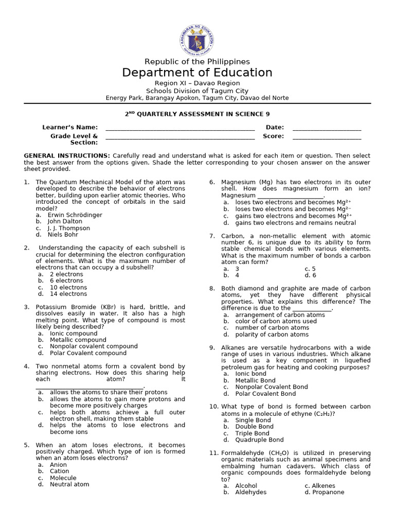 Quarter 2 Science 9 Testpaper | PDF | Chemical Compounds | Chemical Bond