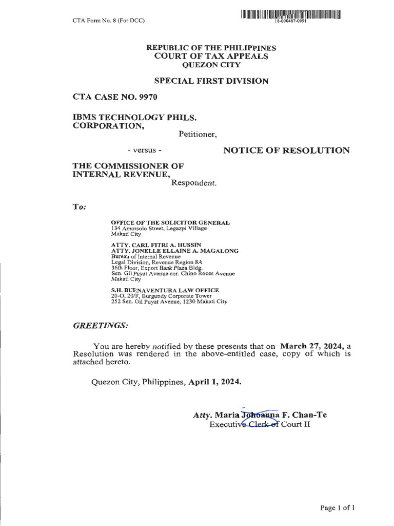 CTA Case No. 9970 Resolution Summary | PDF | Judgment (Law) | Legal ...