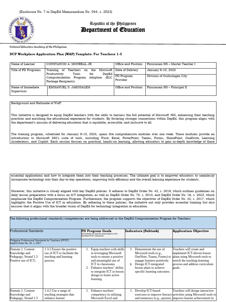 DepEd Workplace Application Plan Template | PDF | Educational ...