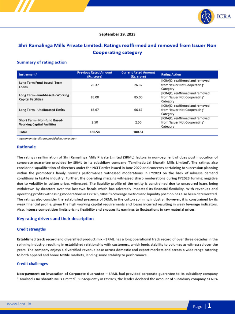 SRML Credit Rating Reaffirmed, Issues Persist | PDF | Loans | Credit