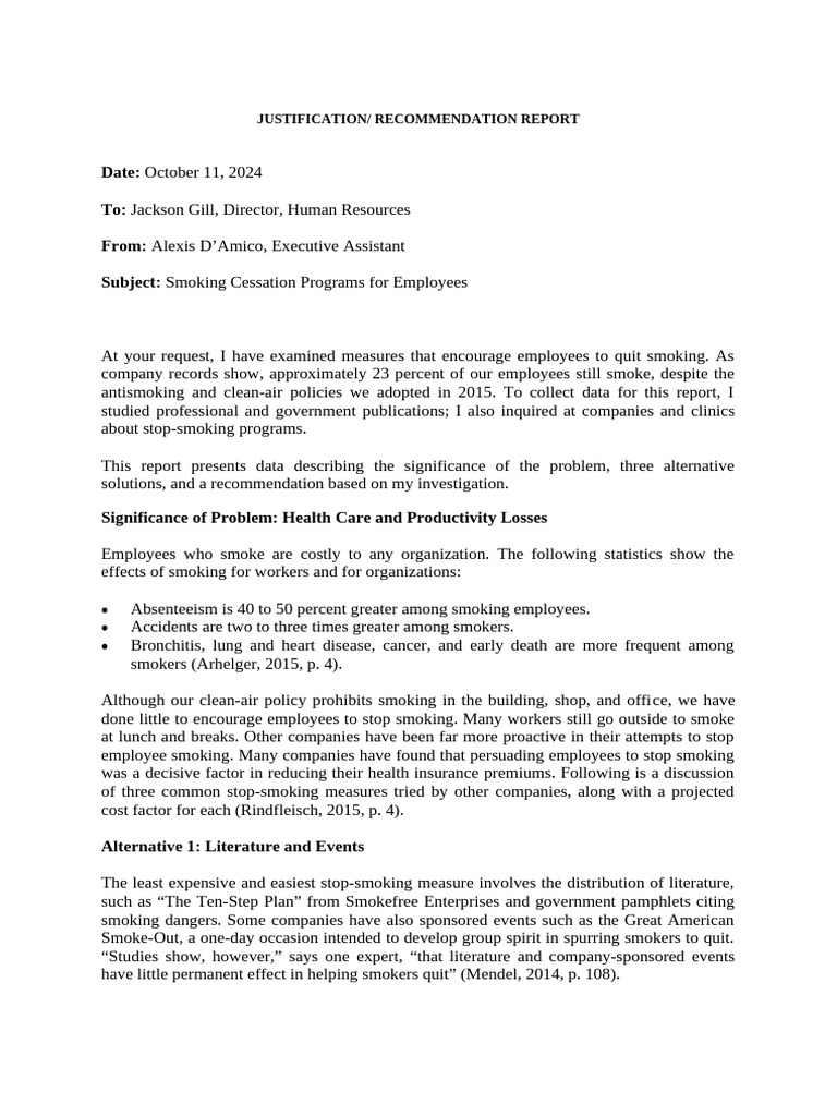 Recommendation Report | PDF | Smoking Cessation | Health Care